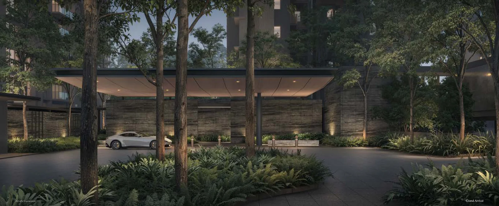 Artist's impression of the covered arrival drop-off among trees at night