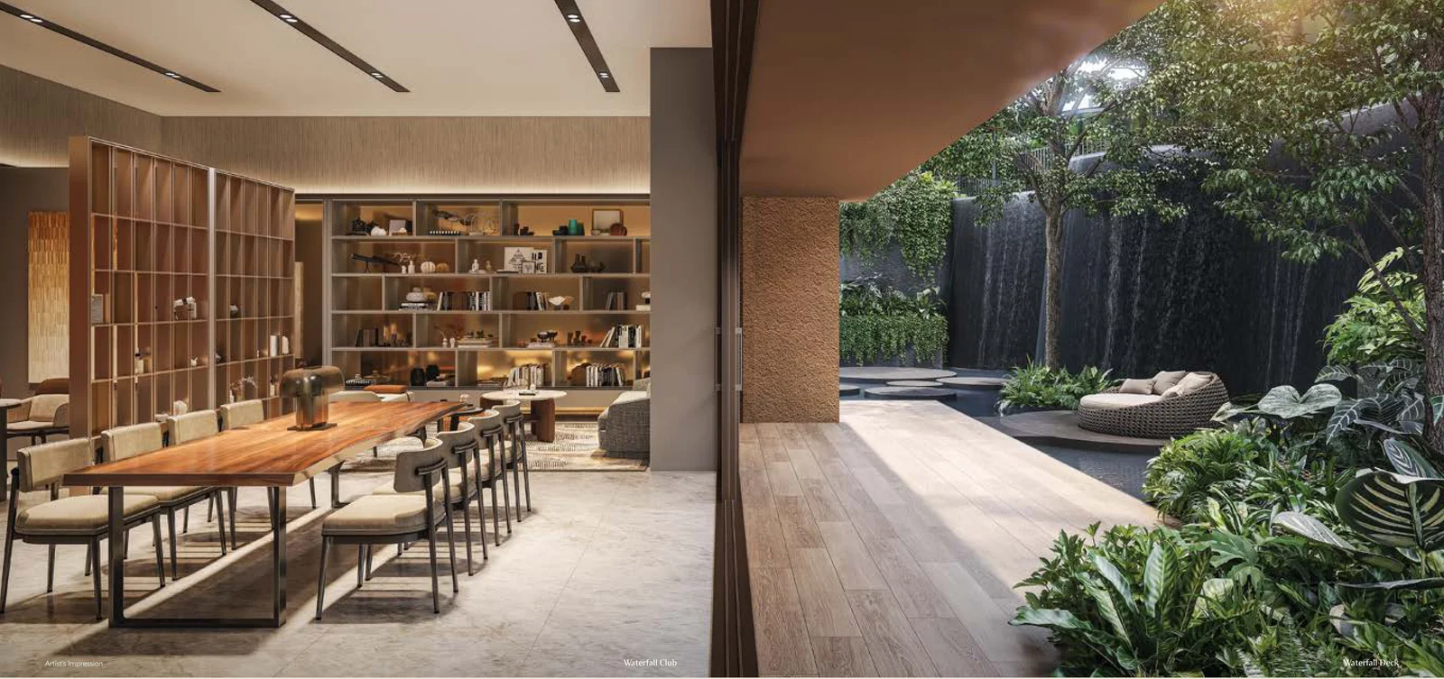 Artist's impression of the Waterfall Club's library lounge opening onto the Waterfall Deck