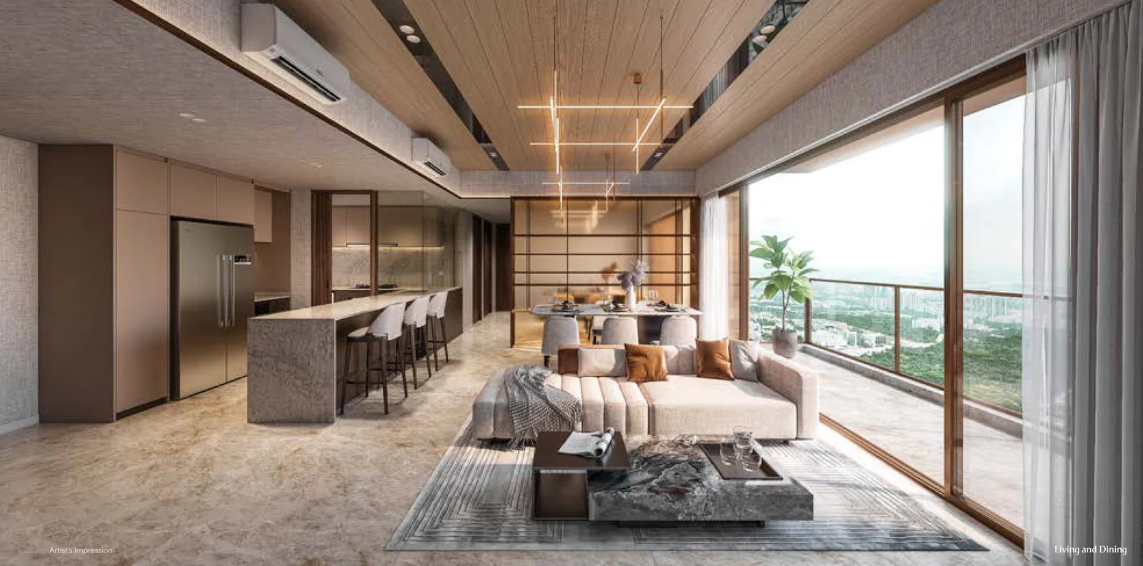 Artist's impression of a living and dining room with a balcony view