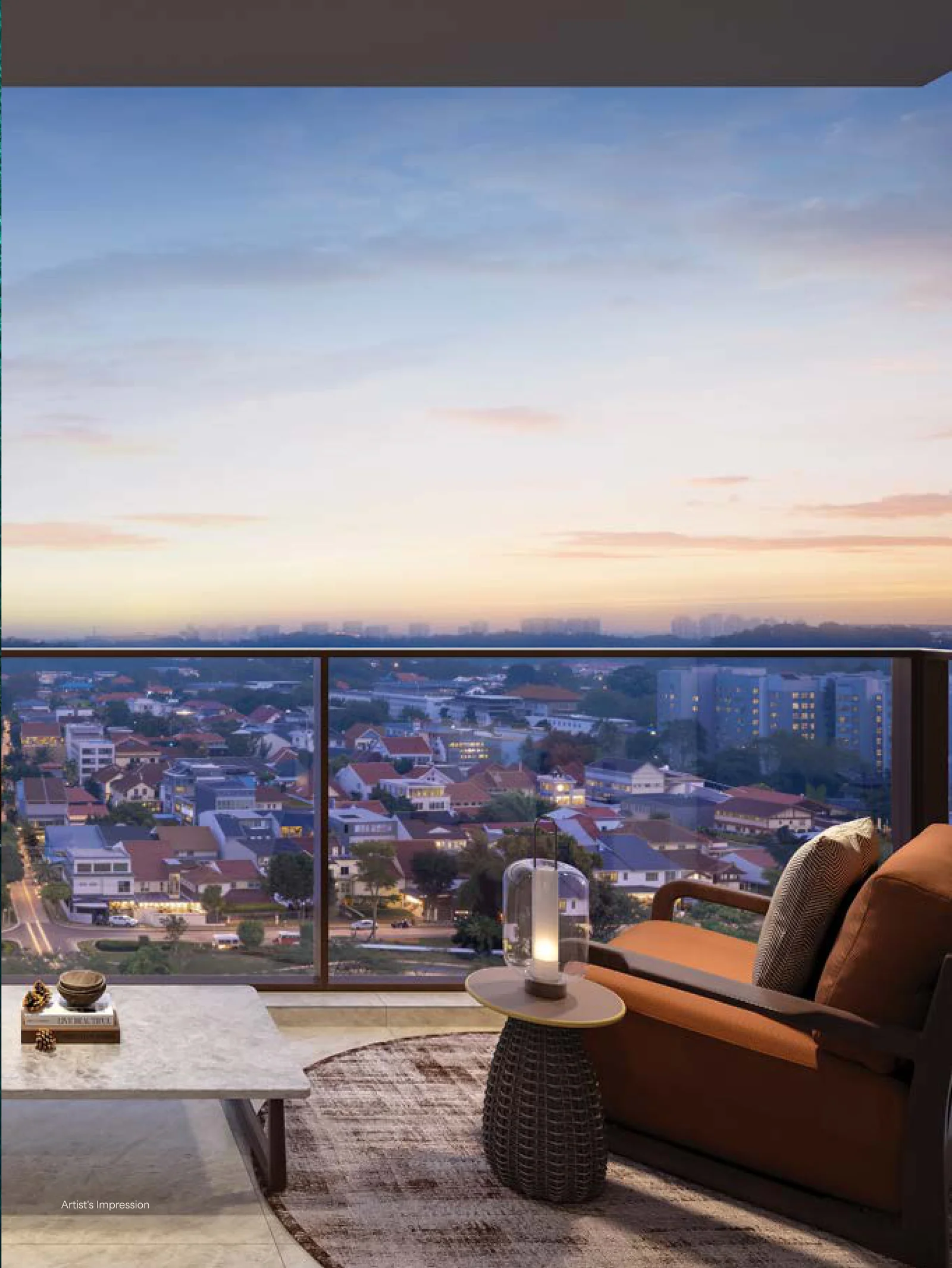 Artist's impression of the view over landed homes from a balcony at dusk