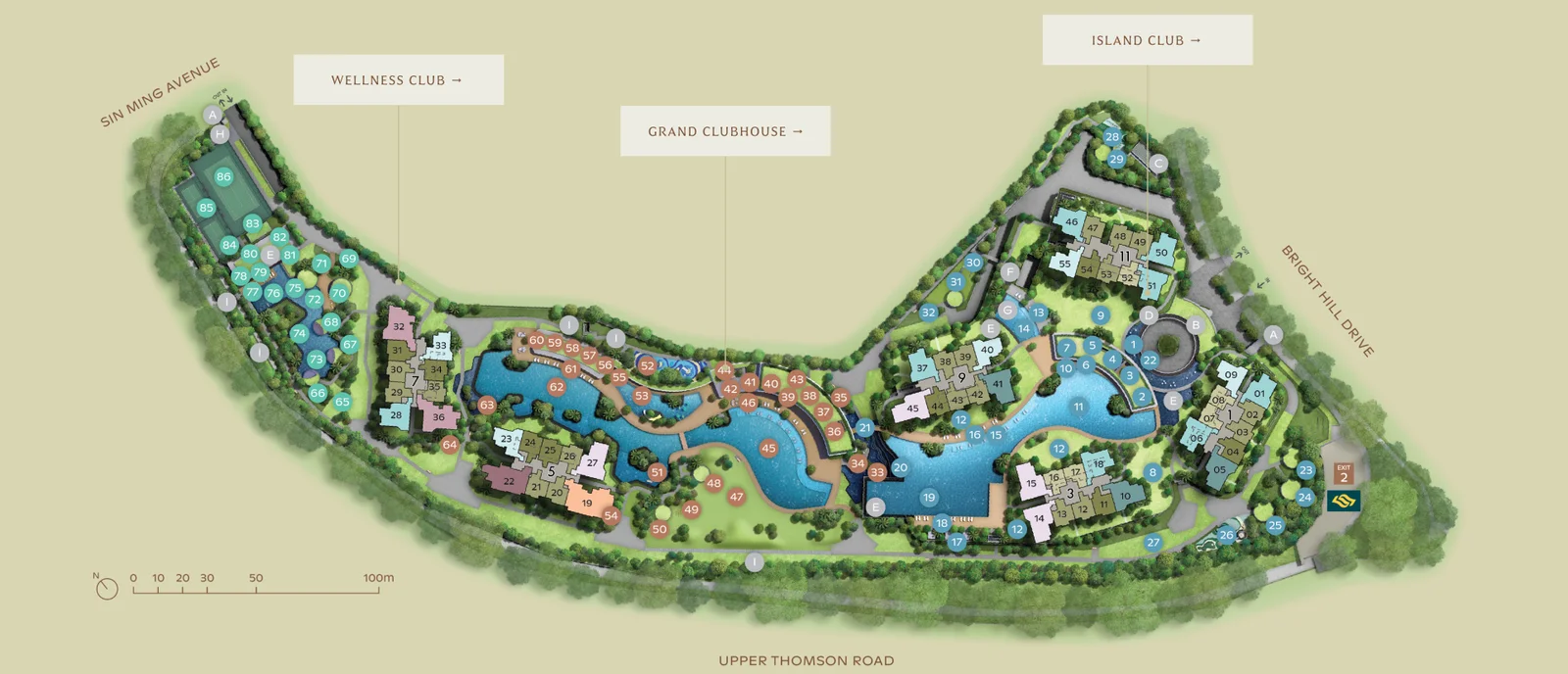 Site plan of Thomson Reserve: six blocks around the pools and gardens, between Sin Ming Avenue, Bright Hill Drive and Upper Thomson Road, with the Wellness Club, Grand Clubhouse and Island Club marked