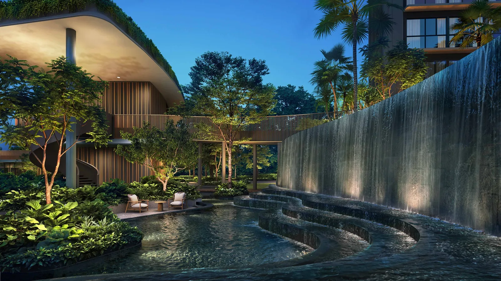 Artist's impression of a water wall beside a garden pool at night
