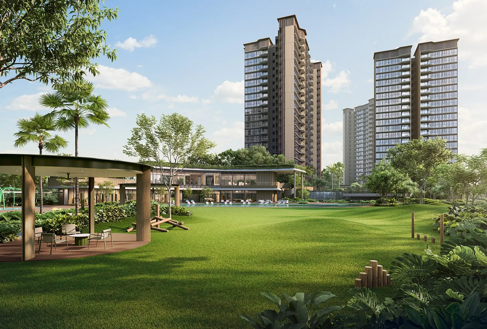 Artist's impression of the lawn and its pavilion, with two towers behind